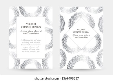 Silver circle decor. Stylish vertical posters with ornamental frames on the white background. Vector design with decoration elements and copy space for wedding invitation, anniversary cards and other.