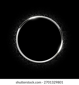 Marco de círculo plateado con efecto de luz de semitono punteado. Anillo metálico brillante circular, Botón, sello, emblema, etiqueta engomada, etiqueta. Ilustración vectorial abstracta de lujo moderno.