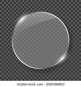 Silver Circle Frame Glass for Decoration and Covering. Clear Shiny Frame Glass Texture with Glossy Effect. Realistic Glass Plate on Transparent Background. Isolated Vector Illustration.