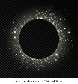 Silver circle frame with glitter, sparkles and flares on dark transparent  background. Empty luxury backdrop. Vector illustration.