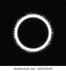 Silver circle frame with glowing sparkles and flares. Round border of shiny glitter particles isolated on black background. Luminous stardust backrop. Glow light effect.