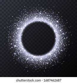 Silver circle frame with sparkles and flares, abstract luminous particles, white stardust light effect isolated on a dark background. Xmas glares and sparks. Luxury backdrop. Vector illustration.