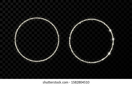 Silver circle frame. Two modern shiny frames with light effects isolated on dark transparent background. Vector illustration.