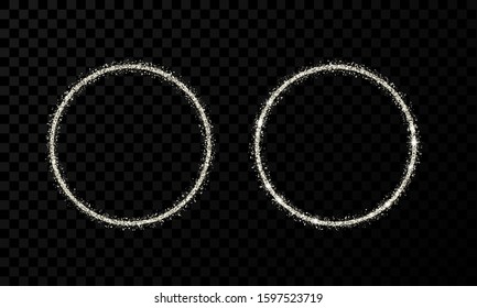 Silver circle frame. Two modern shiny frames with light effects isolated on dark transparent background. Vector illustration.