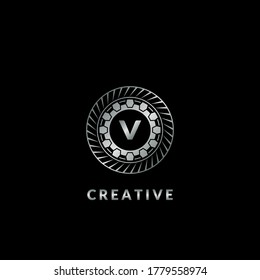 Silver Circle  Gear Velg V Letter Logo for automotive and technology vector template design.