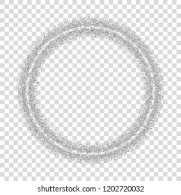 Silver circle glitter frame. Confetti dots round, white transparent background. Bright texture pattern Christmas celebration party, New Year card border. Abstract design Vector illustration