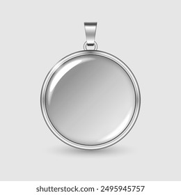 Silver circle locket pendant with clear glass dome mockup. Gray silver round necklace resin pendant. Silver grey glass ball ornament. Realistic vector illustration.