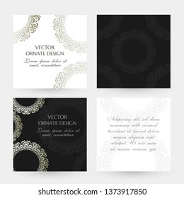 Silver circle ornament. Square cards collection. Banners with decoration elements on the black and white background. Vector illustration for event invitation, ceremony card or celebration banner.