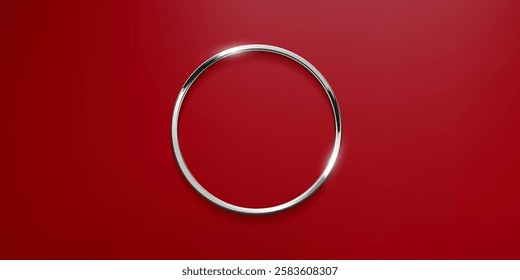 Silver circle thin frame. Blank platinum ring, button, stamp, emblem, sticker, label. Second place metal medal isolated on red background. Realistic 3d vector illustration.