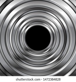 Silver circles on black background. Steel grey metallic rings abstract tech graphic design. Vector sci-fi concept illustration