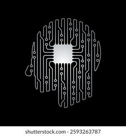 Silver circuit board forming human head shape with CPU in center, representing artificial intelligence and technological advancement