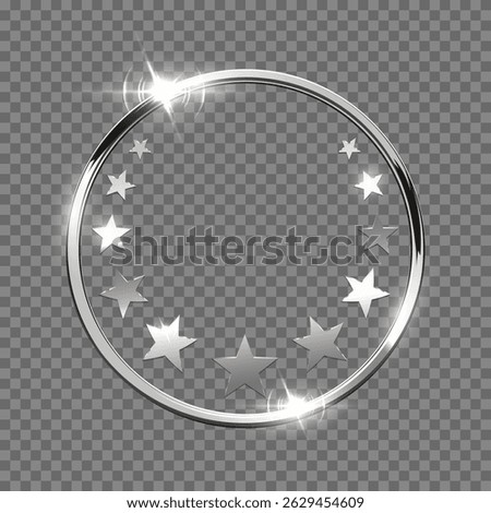 Silver circular award frame with glowing stars on black background. Shiny metallic ring symbolizing second place. Luxury badge, button, certificate, stamp. Abstract vector illustration.