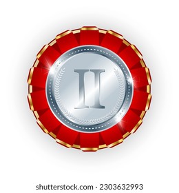 Una medalla circular de plata adornada con dobleces de cinta roja, un premio o insignia de distinción para un ganador. Ilustración vectorial.