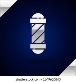 Silver Classic Barber shop pole icon isolated on dark blue background. Barbershop pole symbol.  Vector Illustration