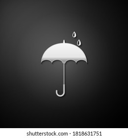 Silver Classic elegant opened umbrella icon isolated on black background. Rain protection symbol. Long shadow style. Vector.
