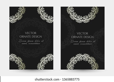 Silver classical motif. Luxury vertical posters with ornaments on the black background. Vector design with decorative elements and copy space for vip invitation, funeral cards and other.