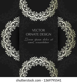 Silver classical motif. Square card with decoration elements  on the black background. Vector illustration for event invitation, ceremony card or celebration banner.