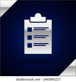 Silver Clipboard with checklist icon isolated on dark blue background. Control list symbol. Survey poll or questionnaire feedback form.  Vector Illustration
