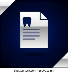 Silver Clipboard with dental card or patient medical records icon isolated on dark blue background. Dental insurance. Dental clinic report.  Vector Illustration