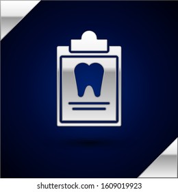 Silver Clipboard with dental card or patient medical records icon isolated on dark blue background. Dental insurance. Dental clinic report.  Vector Illustration