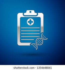 Silver Clipboard with DNA analysis icon isolated on blue background. Genetic engineering, genetics testing, cloning, paternity testing. Vector Illustration