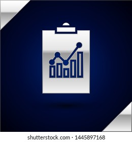 Silver Clipboard with graph chart icon isolated on dark blue background. Report text file icon. Accounting sign. Audit, analysis, planning.  Vector Illustration