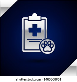 Silver Clipboard with medical clinical record pet icon isolated on dark blue background. Health insurance form. Medical check marks report.  Vector Illustration