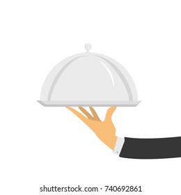 Silver cloche in hand. Restaurant plate in elegant waiter hand. Food serving tray. Vector illustration in modern flat style.