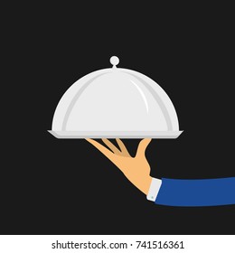 Silver cloche in hand. Restaurant plate in elegant waiter hand. Food serving tray. Vector illustration in modern flat style.