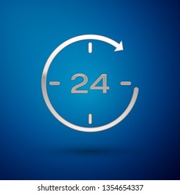Silver Clock 24 hours icon isolated on blue background. All day cyclic icon. 24 hours service symbol. Vector Illustration