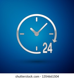 Silver Clock 24 hours icon isolated on blue background. All day cyclic icon. 24 hours service symbol. Vector Illustration