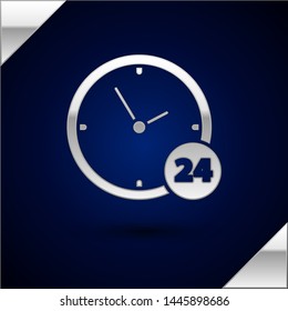 Silver Clock 24 hours icon isolated on dark blue background. All day cyclic icon. 24 hours service symbol.  Vector Illustration