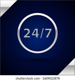 Silver Clock 24 hours icon isolated on dark blue background. All day cyclic icon. 24 hours service symbol.  Vector Illustration
