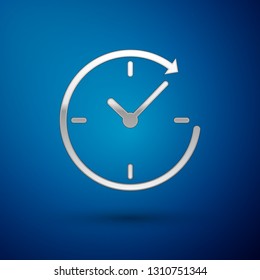 Silver Clock with arrow icon isolated on blue background. Time symbol. Clockwise rotation icon arrow and time. Vector Illustration