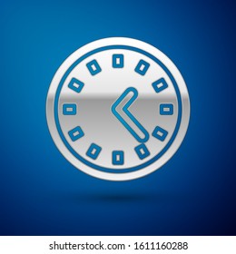 Silver Clock icon isolated on blue background. Time symbol.  Vector Illustration
