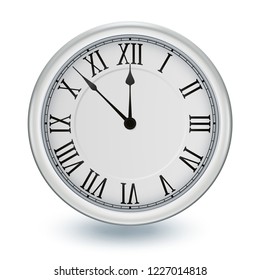 Silver clock, isolated on white background, design element for New years invitation and greeting cards. EPS 10 contains transparency.