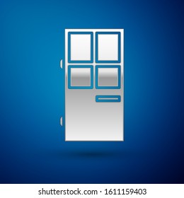 Silver Closed door icon isolated on blue background.  Vector Illustration