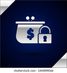 Silver Closed wallet with lock icon isolated on dark blue background. Locked wallet. Security, safety, protection concept. Concept of a safe payment.  Vector Illustration