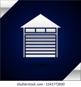 Silver Closed warehouse icon isolated on dark blue background.  Vector Illustration