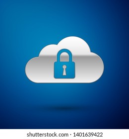 Silver Cloud computing lock icon isolated on blue background. Security, safety, protection concept. Vector Illustration