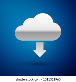 Silver Cloud download icon isolated on blue background. Vector Illustration