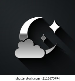 Silver Cloud with moon icon isolated on black background. Cloudy night sign. Sleep dreams symbol. Night or bed time sign. Long shadow style. Vector