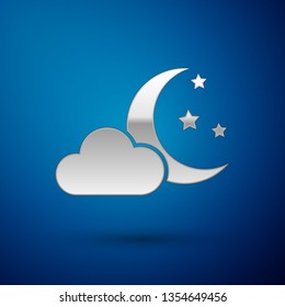 Silver Cloud with moon and stars icon isolated on blue background. Cloudy night sign. Sleep dreams symbol. Night or bed time sign. Vector Illustration
