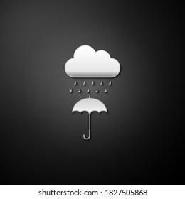 Silver Cloud with rain drop on umbrella icon isolated on black background. Long shadow style. Vector.