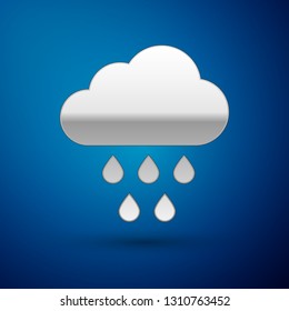 Silver Cloud with rain icon isolated on blue background. Rain cloud precipitation with rain drops. Vector Illustration