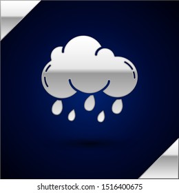 Silver Cloud with rain icon isolated on dark blue background. Rain cloud precipitation with rain drops.  Vector Illustration