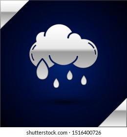 Silver Cloud with rain icon isolated on dark blue background. Rain cloud precipitation with rain drops.  Vector Illustration