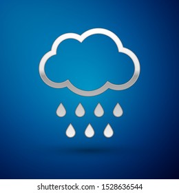 Silver Cloud with rain icon isolated on blue background. Rain cloud precipitation with rain drops.  Vector Illustration