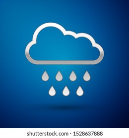Silver Cloud with rain icon isolated on blue background. Rain cloud precipitation with rain drops.  Vector Illustration