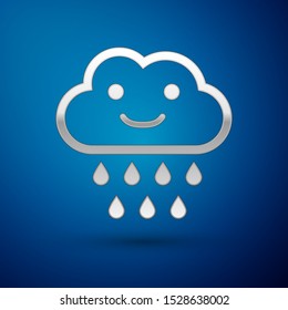 Silver Cloud with rain icon isolated on blue background. Rain cloud precipitation with rain drops.  Vector Illustration